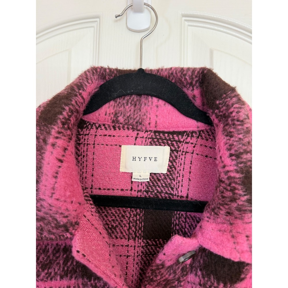 HYFVE Women's L Pink Brown Plaid Shacket Oversized Button Front Flannel Jacket